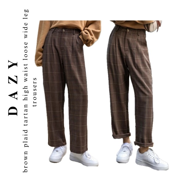 dazy β’ high waist brown plaid tartan loose wide leg pant trousers - Picture 2 of 16
